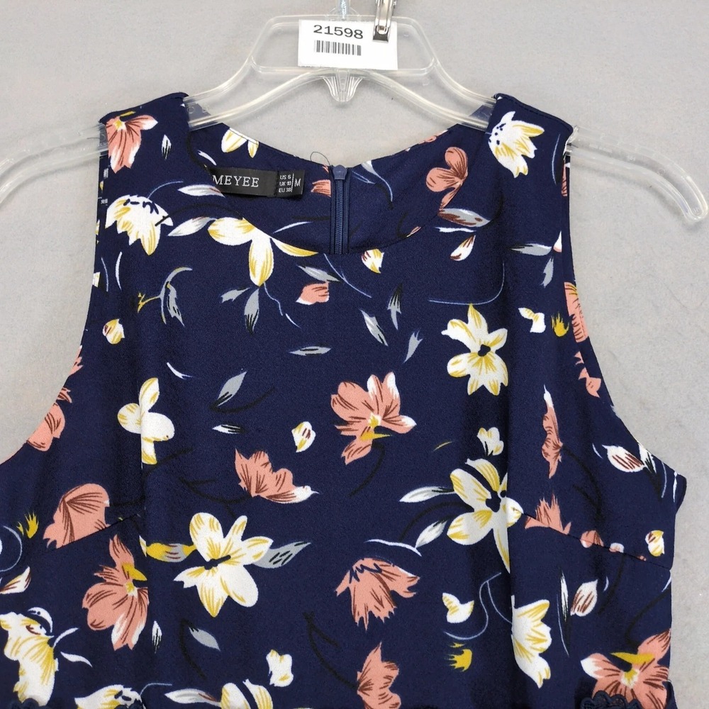 Homeyee Navy Floral Fit & Flare Knee Length Dress Sz M Crochet Lace Waist Panel - Picture 3 of 10